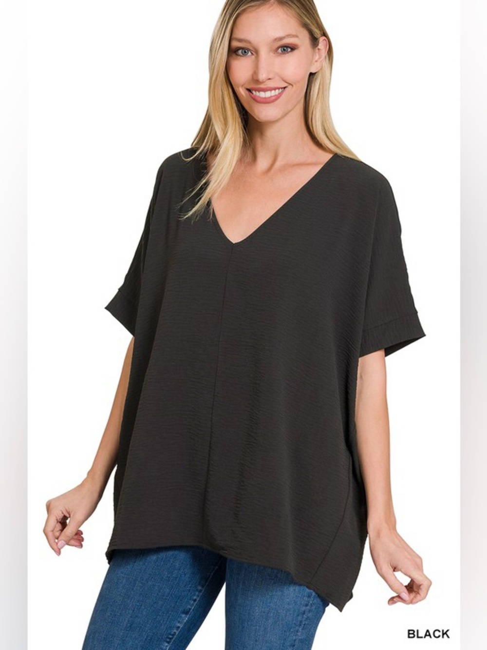 BLACK WOVEN AIRFLOW V-NECK DOLMAN SHORT SLEEVE TOP